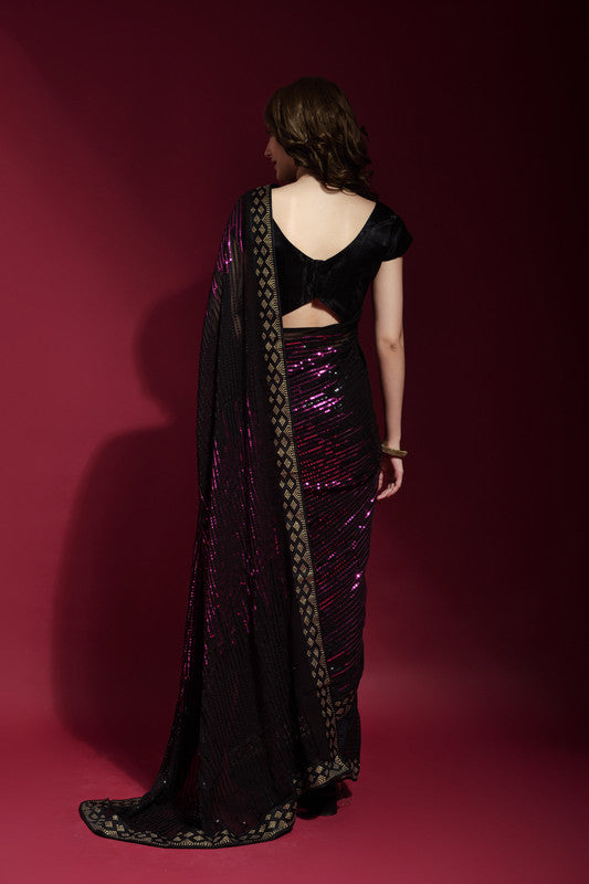 Jyoti Fashion Women's Wine Sequence Embroidery Georgette Saree with Blouse | Grocsy