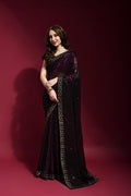 Jyoti Fashion Women's Wine Sequence Embroidery Georgette Saree with Blouse | Grocsy