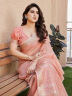 Jyoti Fashion Women's Peach Soft Tissue Linen Silk Zari Woven Saree with Blouse | Grocsy