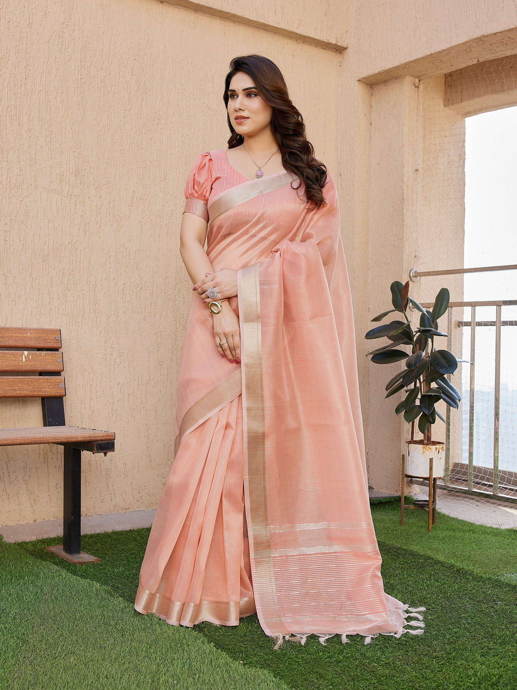 Jyoti Fashion Women's Peach Soft Tissue Linen Silk Zari Woven Saree with Blouse | Grocsy