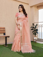 Jyoti Fashion Women's Peach Soft Tissue Linen Silk Zari Woven Saree with Blouse | Grocsy