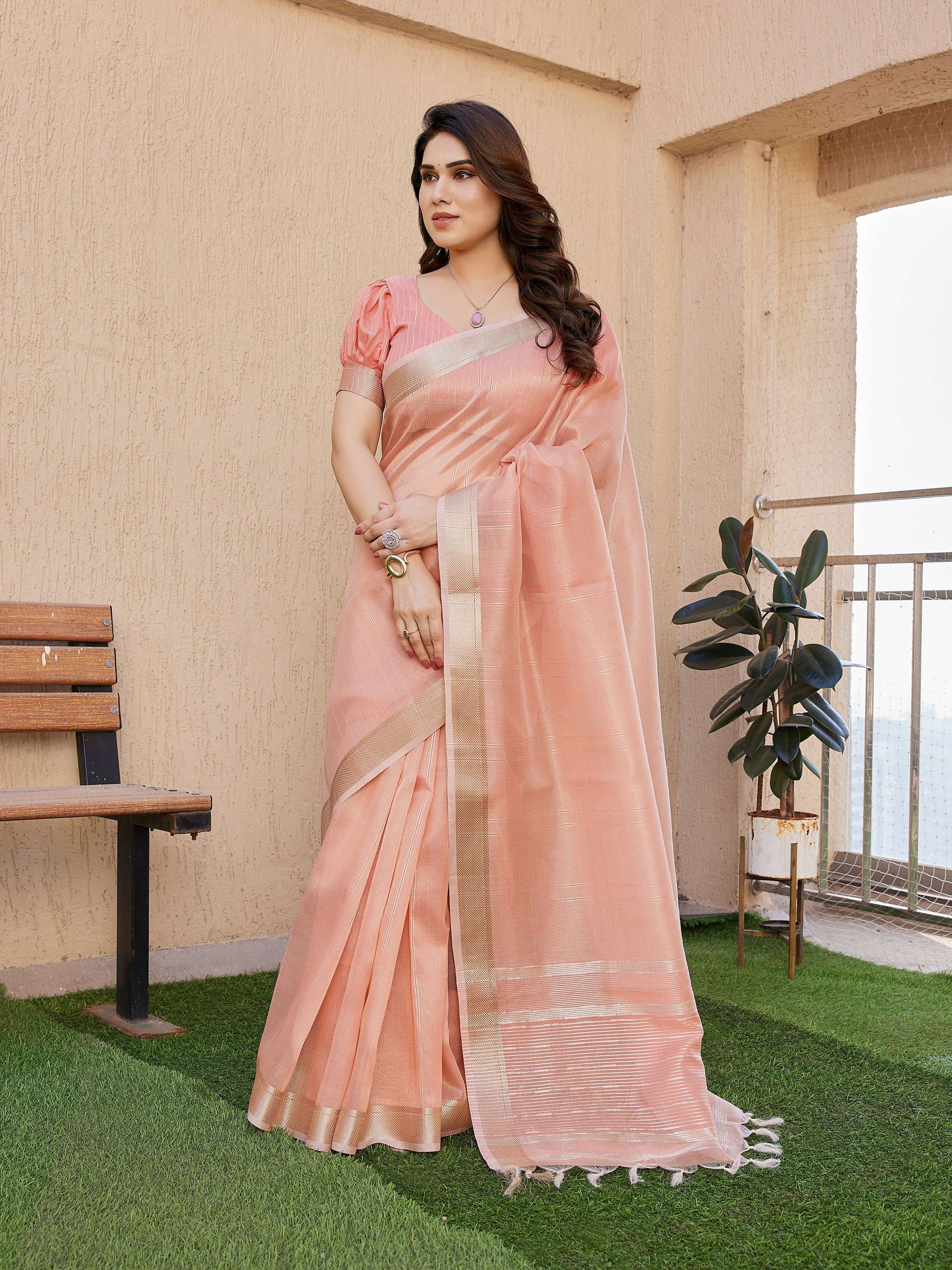 Jyoti Fashion Women's Peach Soft Tissue Linen Silk Zari Woven Saree with Blouse | Grocsy