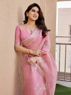 Jyoti Fashion Women's Pink Soft Tissue Linen Silk Zari Woven Saree with Blouse | Grocsy