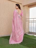 Jyoti Fashion Women's Pink Soft Tissue Linen Silk Zari Woven Saree with Blouse | Grocsy