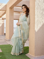 Jyoti Fashion Women's Sea Green Soft Tissue Linen Silk Zari Woven Saree with Blouse | Grocsy