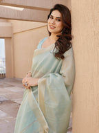 Jyoti Fashion Women's Sea Green Soft Tissue Linen Silk Zari Woven Saree with Blouse | Grocsy
