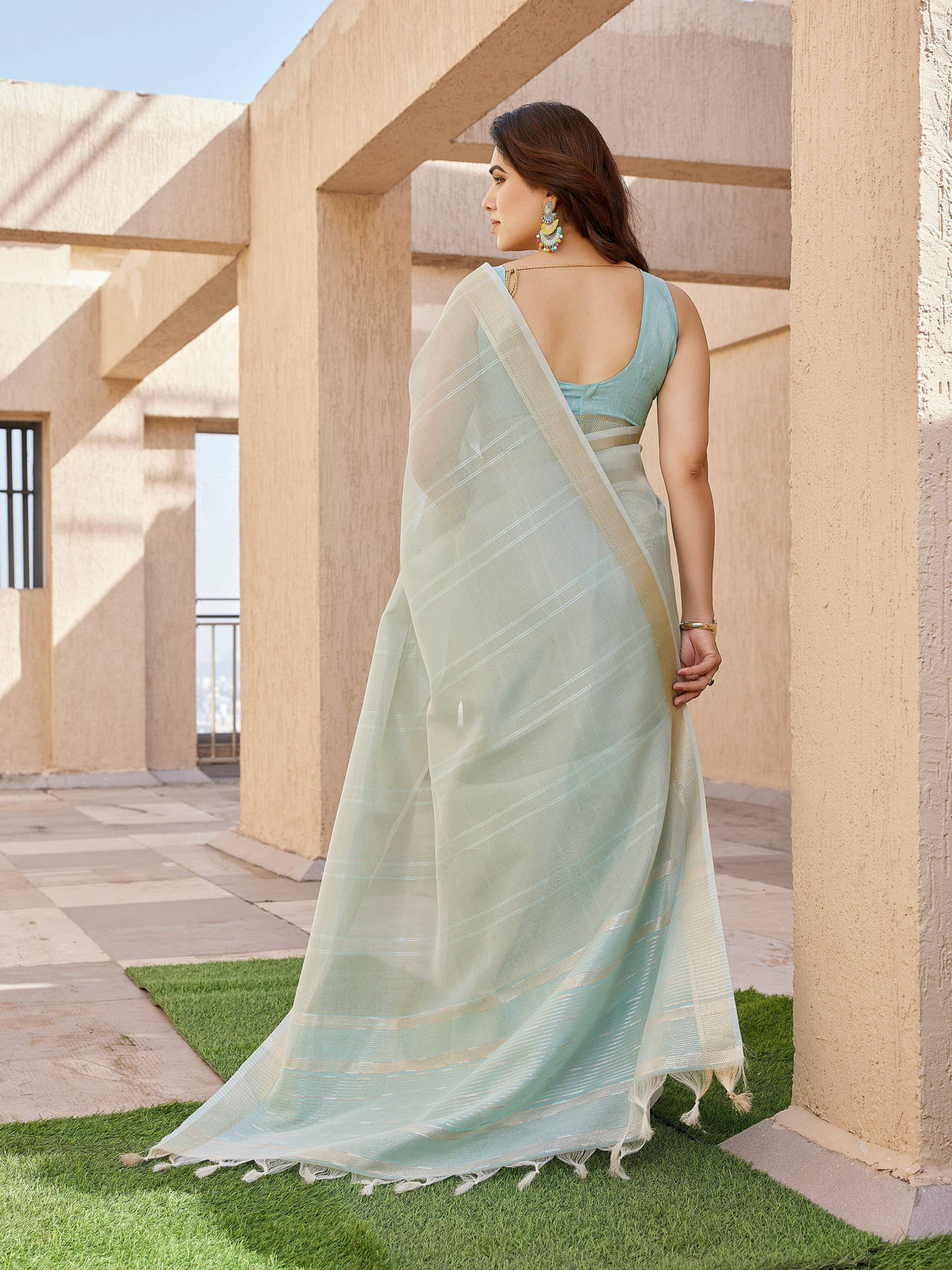 Jyoti Fashion Women's Sea Green Soft Tissue Linen Silk Zari Woven Saree with Blouse | Grocsy