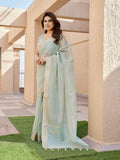 Jyoti Fashion Women's Sea Green Soft Tissue Linen Silk Zari Woven Saree with Blouse | Grocsy