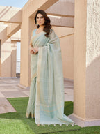 Jyoti Fashion Women's Sea Green Soft Tissue Linen Silk Zari Woven Saree with Blouse | Grocsy