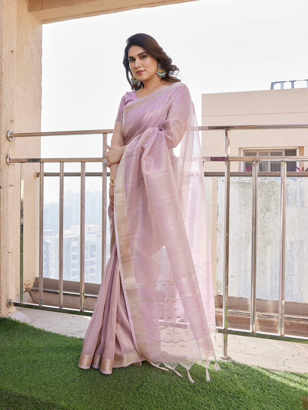 Jyoti Fashion Women's Purple Soft Tissue Linen Silk Zari Woven Saree with Blouse | Grocsy