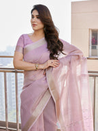 Jyoti Fashion Women's Purple Soft Tissue Linen Silk Zari Woven Saree with Blouse | Grocsy