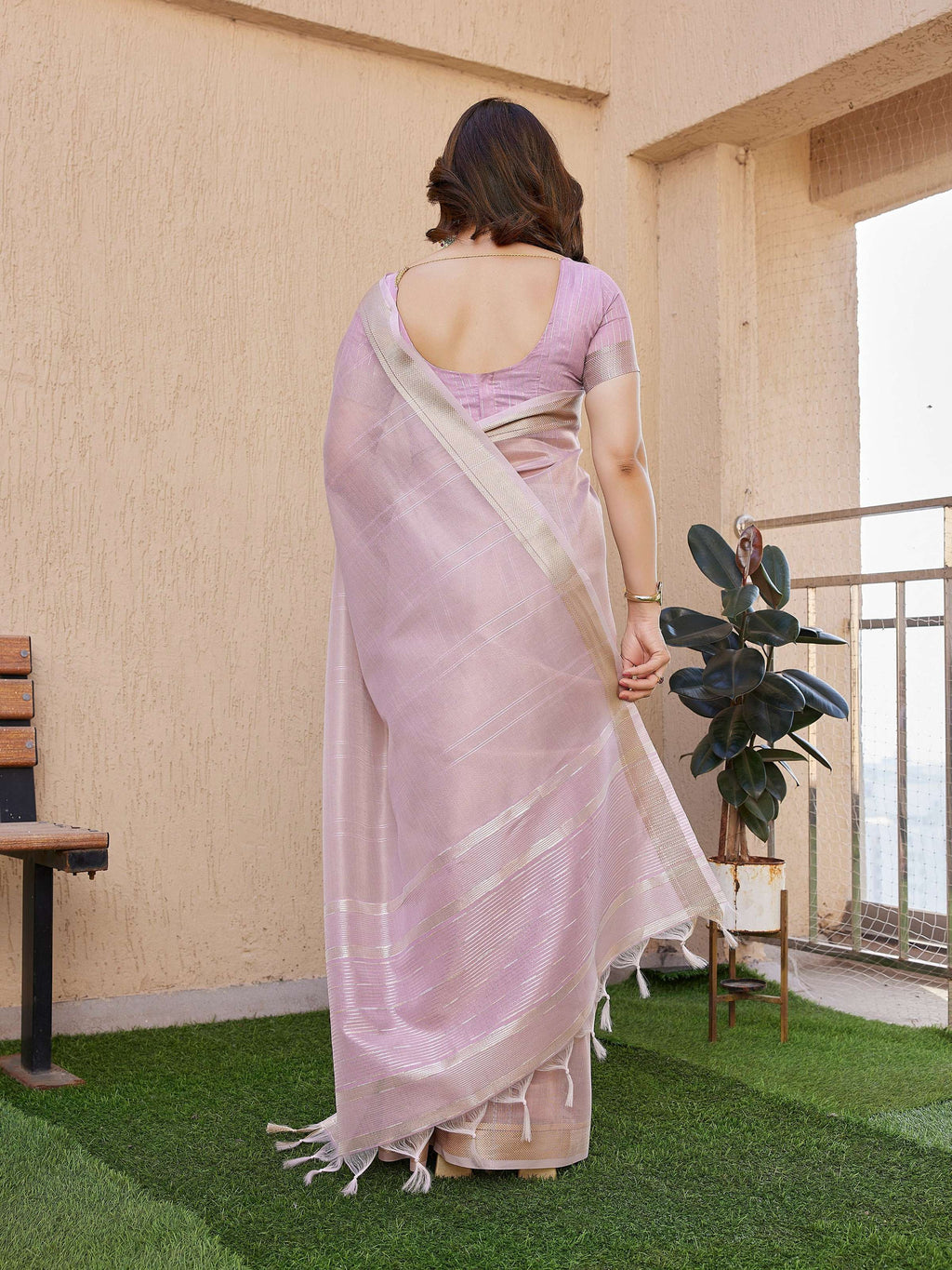 Jyoti Fashion Women's Purple Soft Tissue Linen Silk Zari Woven Saree with Blouse | Grocsy