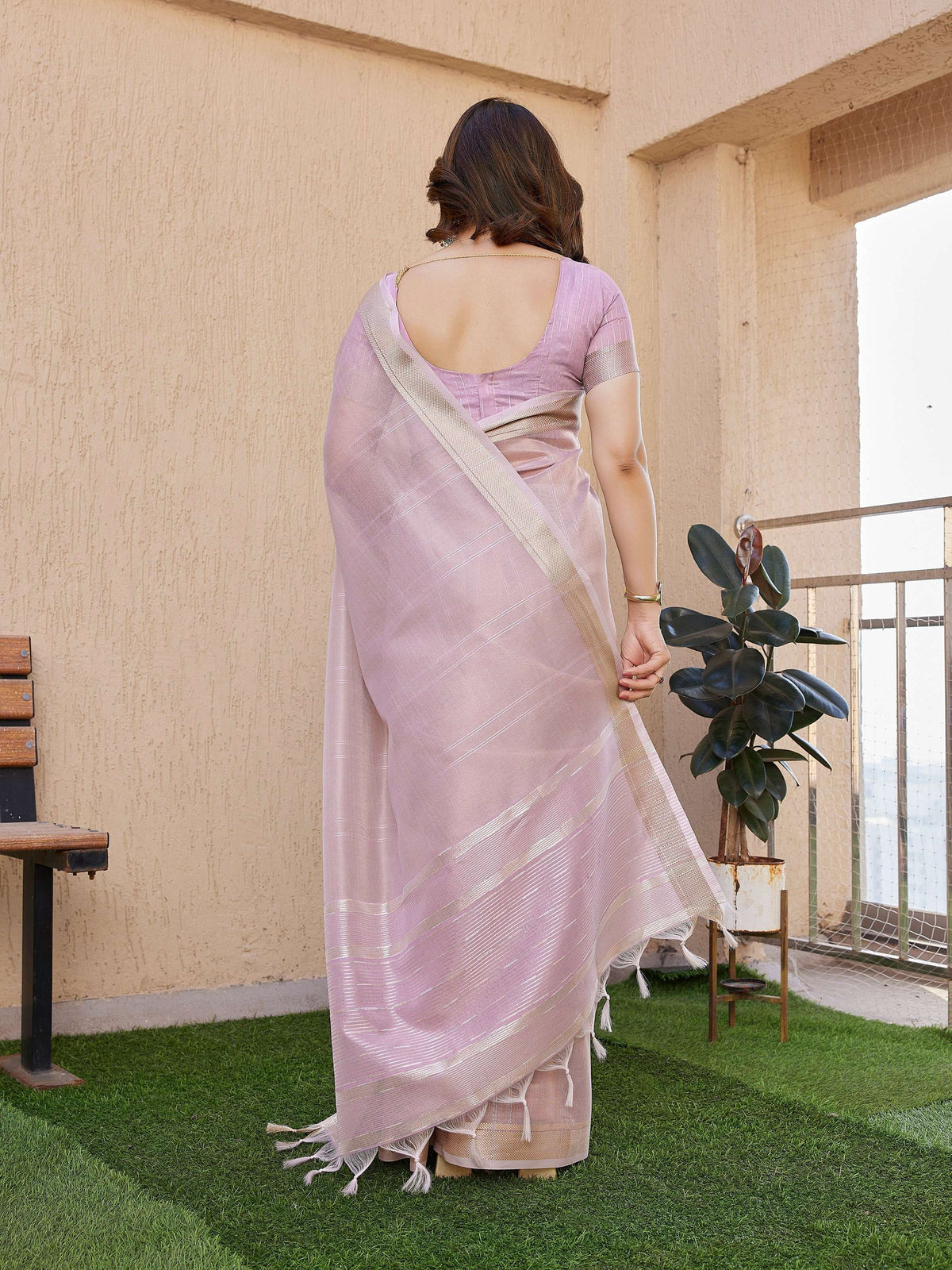 Jyoti Fashion Women's Purple Soft Tissue Linen Silk Zari Woven Saree with Blouse | Grocsy