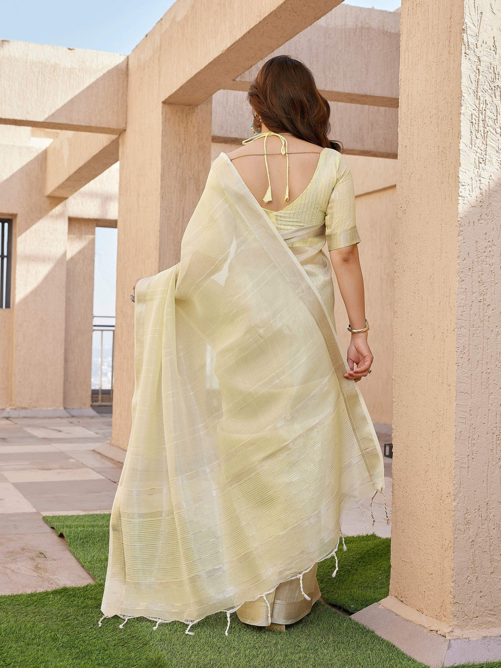 Jyoti Fashion Women's Yellow Soft Tissue Linen Silk Zari Woven Saree with Blouse | Grocsy