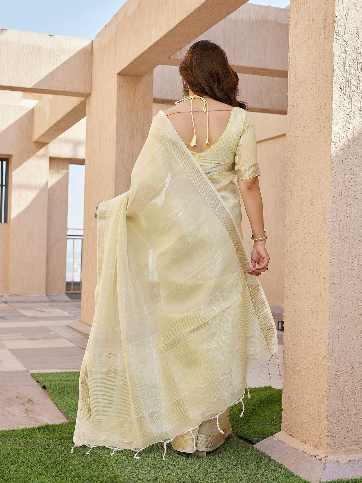 Jyoti Fashion Women's Yellow Soft Tissue Linen Silk Zari Woven Saree with Blouse | Grocsy