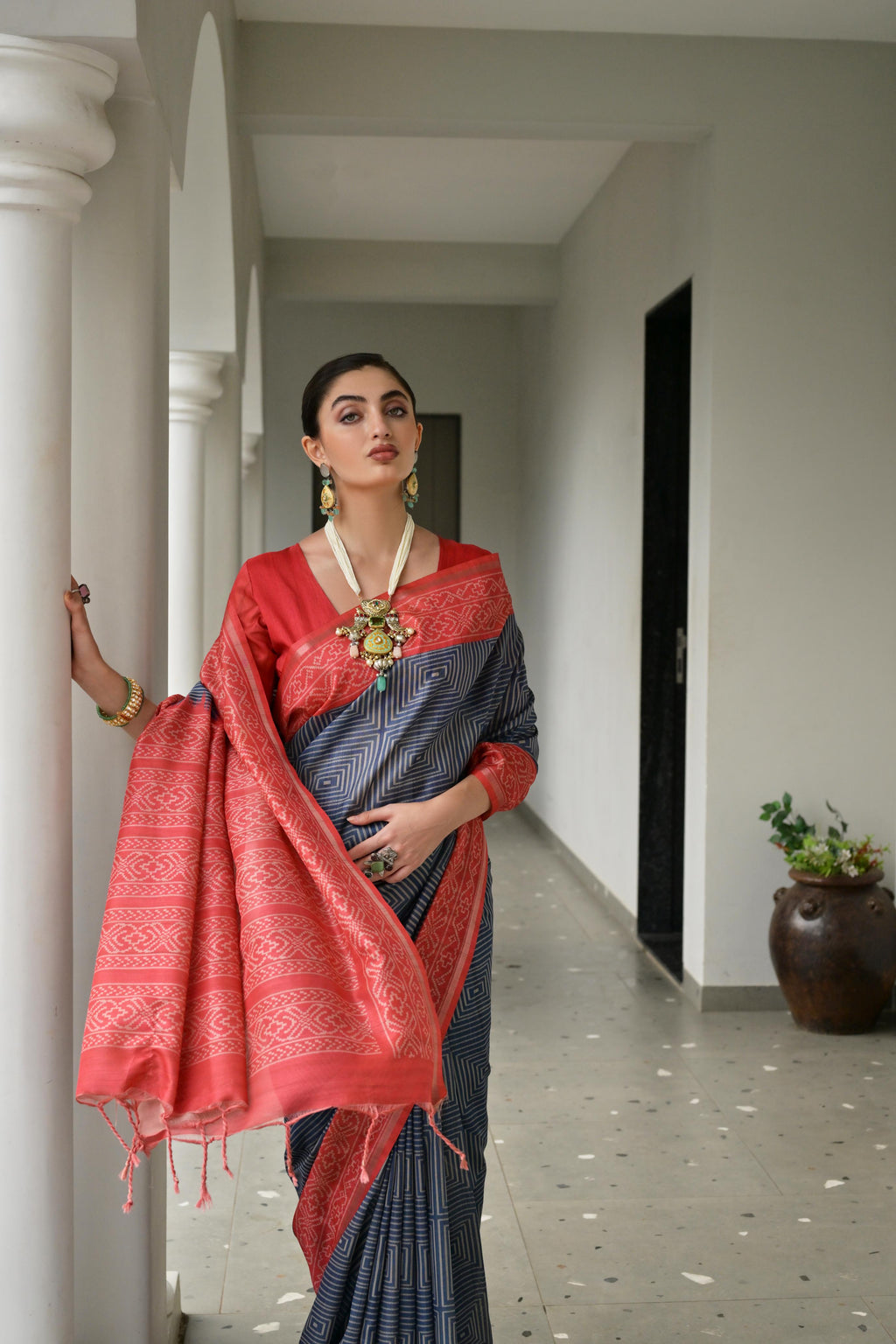Jyoti Fashion Women's Navy Blue Soft Tussar Silk Ikkat Printed Saree with Blouse | Grocsy