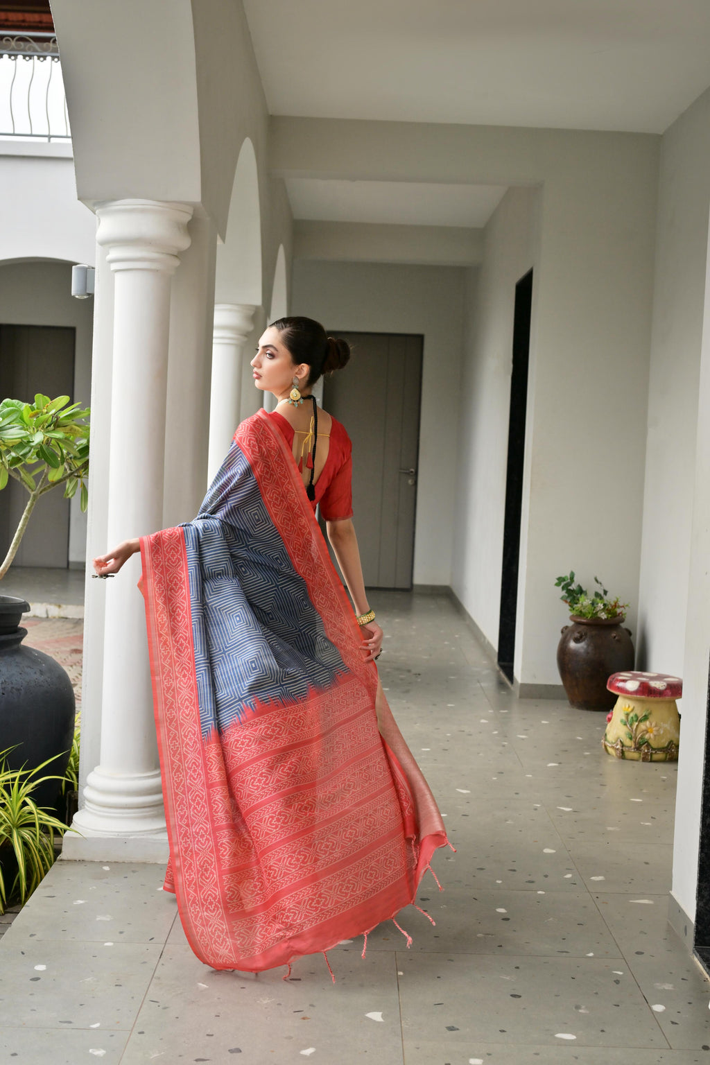 Jyoti Fashion Women's Navy Blue Soft Tussar Silk Ikkat Printed Saree with Blouse | Grocsy