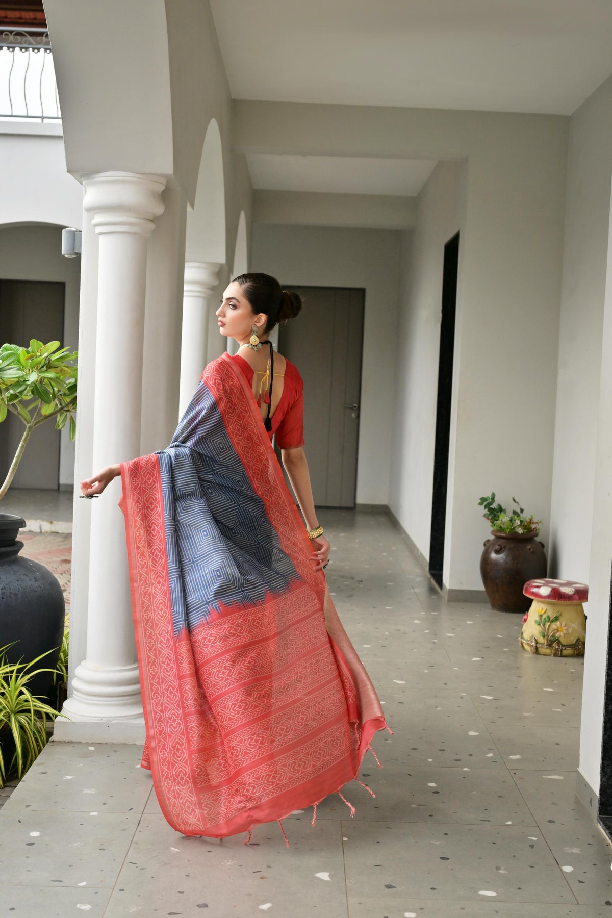 Jyoti Fashion Women's Navy Blue Soft Tussar Silk Ikkat Printed Saree with Blouse | Grocsy
