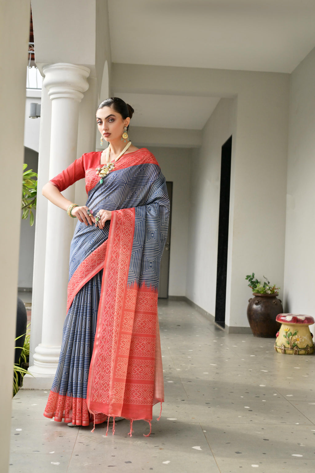 Jyoti Fashion Women's Navy Blue Soft Tussar Silk Ikkat Printed Saree with Blouse | Grocsy