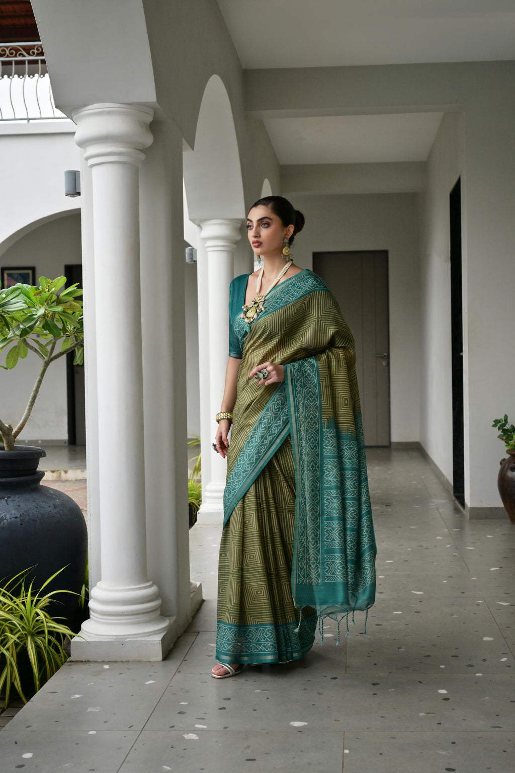 Jyoti Fashion Women's Mehendi Soft Tussar Silk Ikkat Printed Saree with Blouse | Grocsy