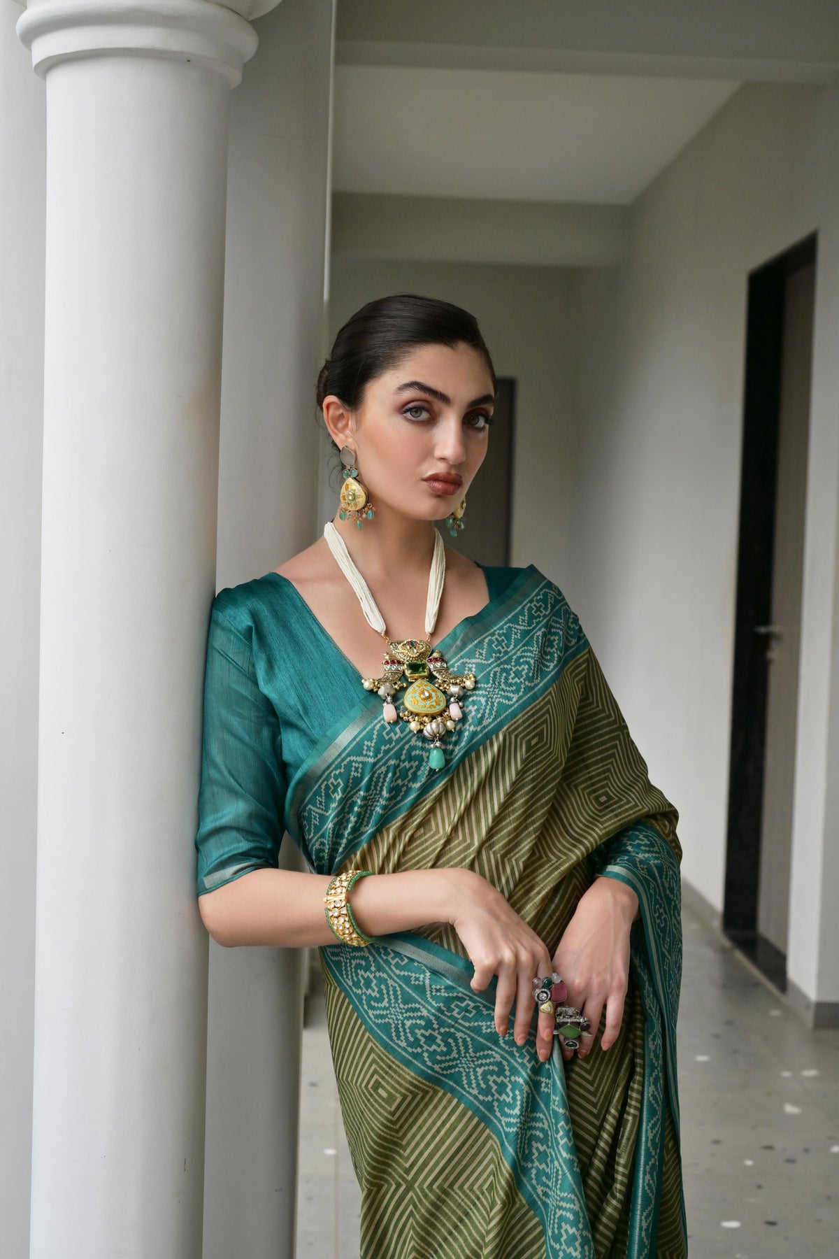 Jyoti Fashion Women's Mehendi Soft Tussar Silk Ikkat Printed Saree with Blouse | Grocsy