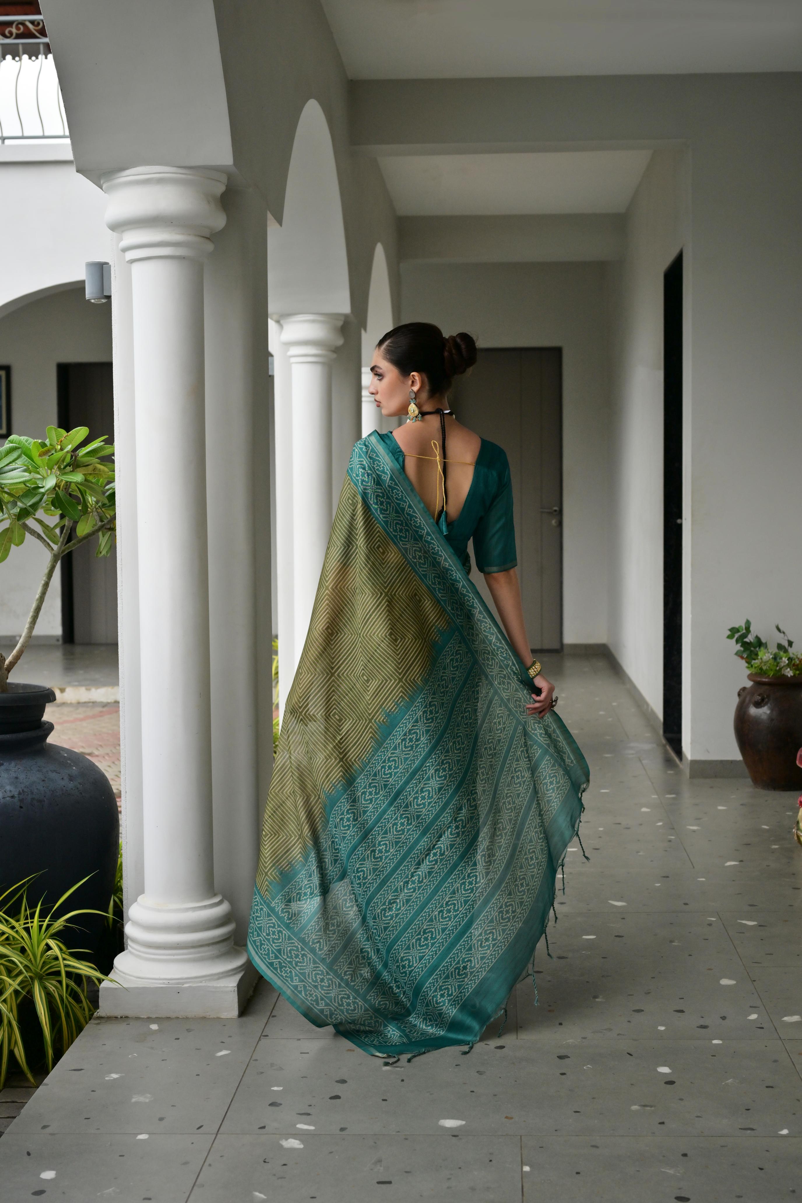 Jyoti Fashion Women's Mehendi Soft Tussar Silk Ikkat Printed Saree with Blouse | Grocsy