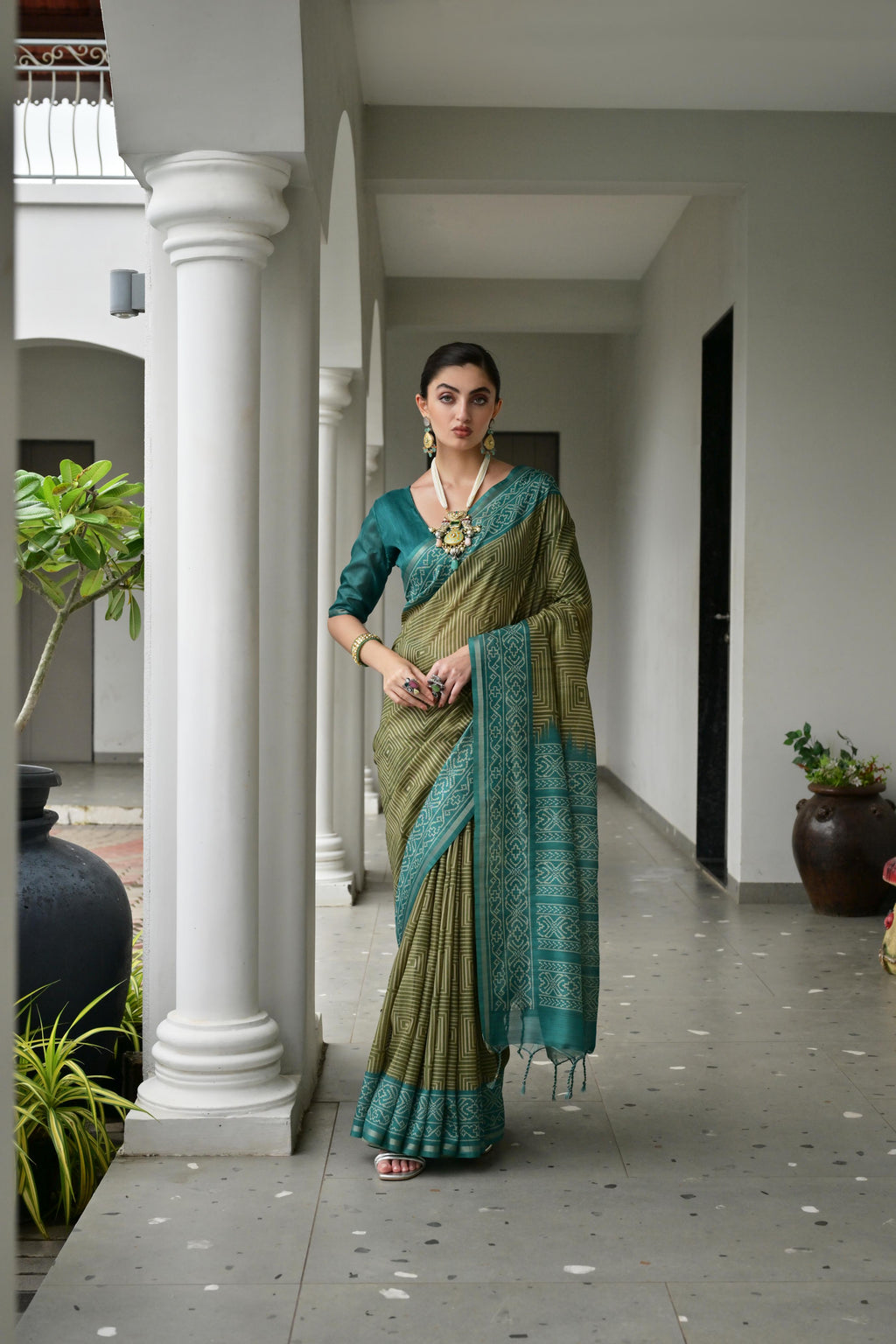 Jyoti Fashion Women's Mehendi Soft Tussar Silk Ikkat Printed Saree with Blouse | Grocsy