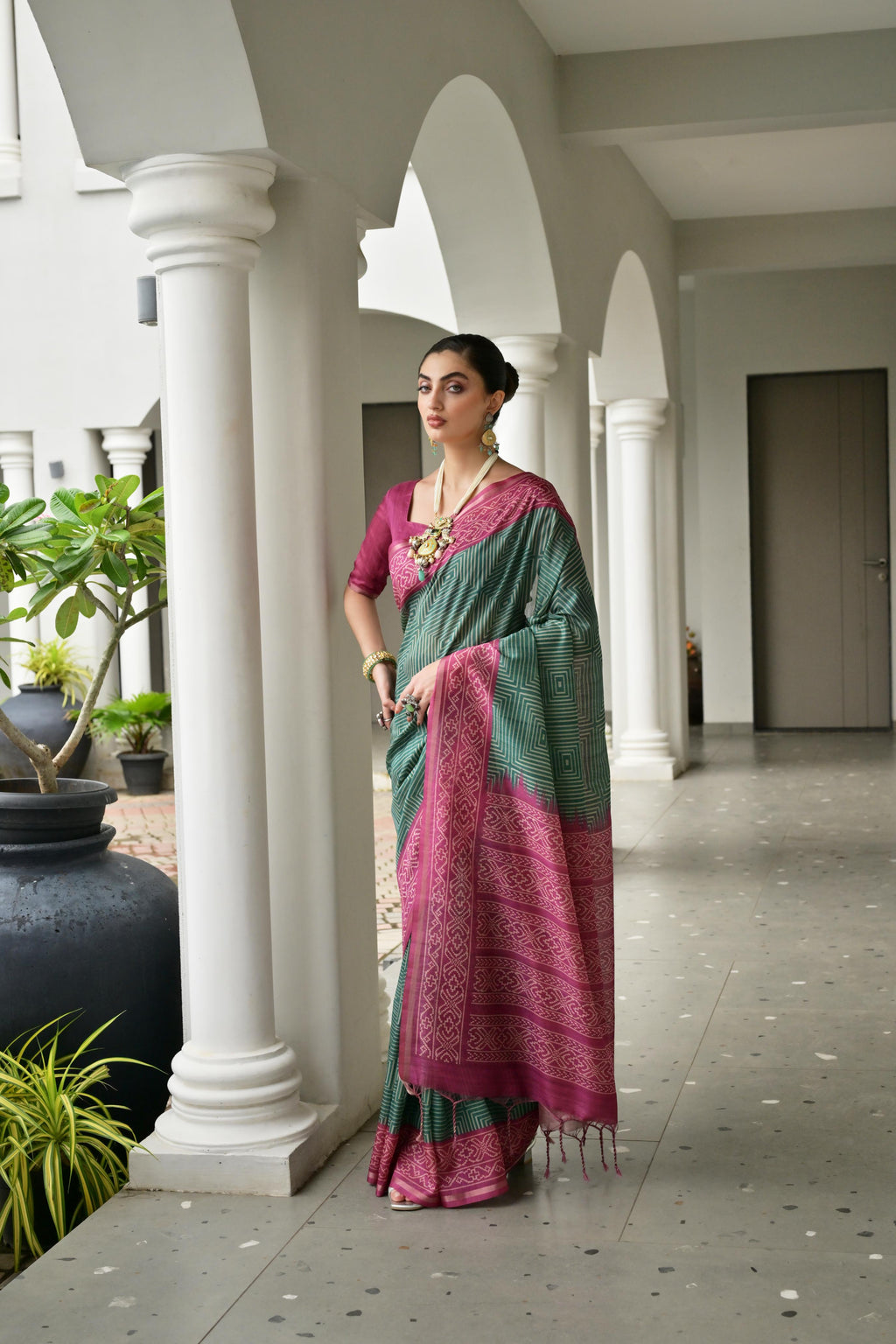 Jyoti Fashion Women's Bottle Green Soft Tussar Silk Ikkat Printed Saree with Blouse | Grocsy