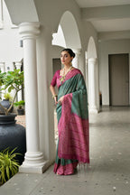 Jyoti Fashion Women's Bottle Green Soft Tussar Silk Ikkat Printed Saree with Blouse | Grocsy