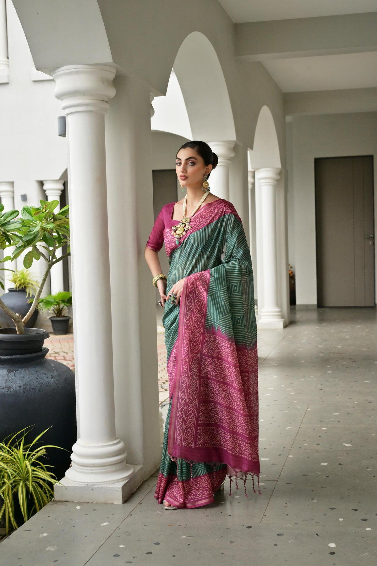 Jyoti Fashion Women's Bottle Green Soft Tussar Silk Ikkat Printed Saree with Blouse | Grocsy