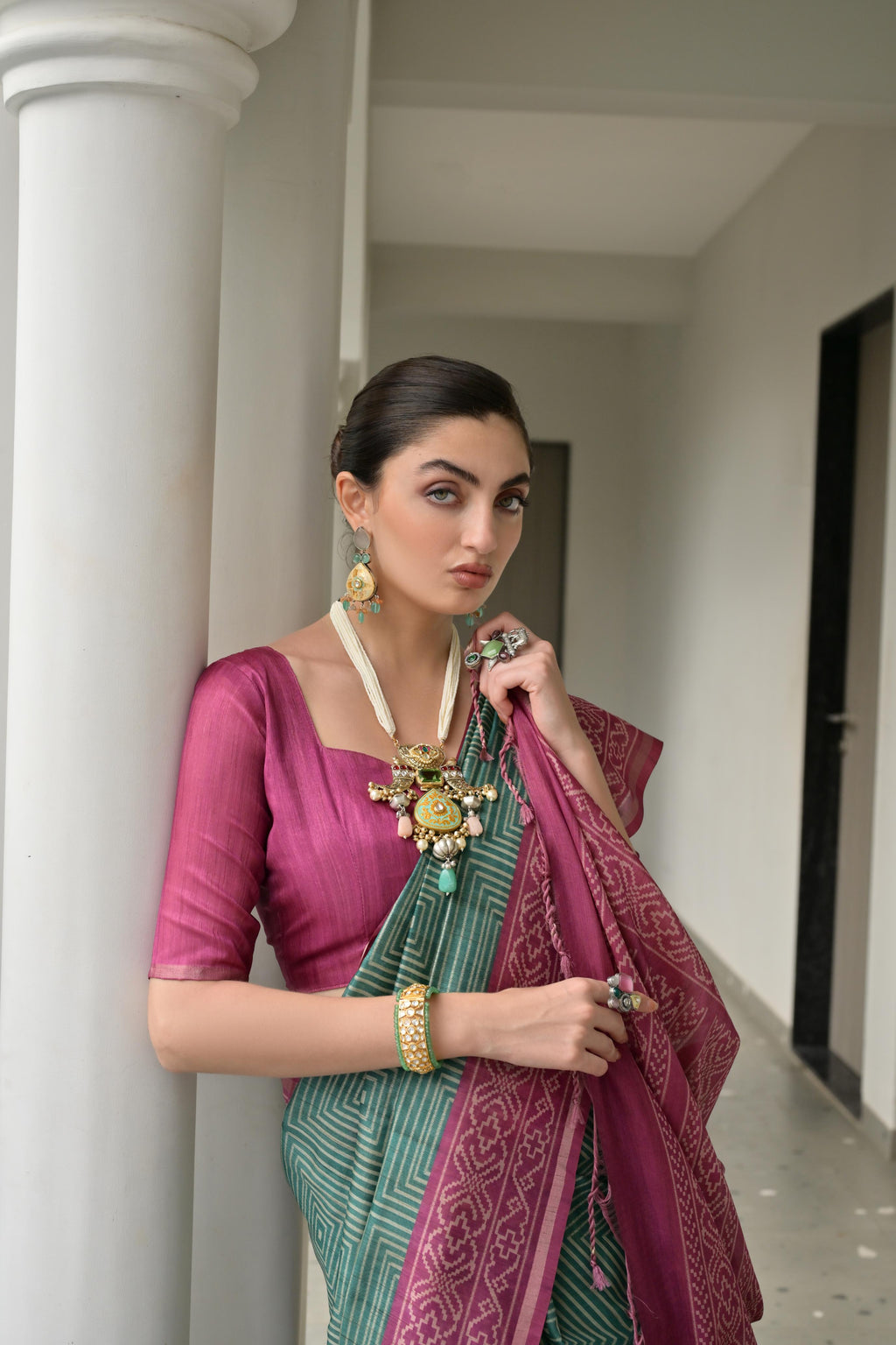 Jyoti Fashion Women's Bottle Green Soft Tussar Silk Ikkat Printed Saree with Blouse | Grocsy