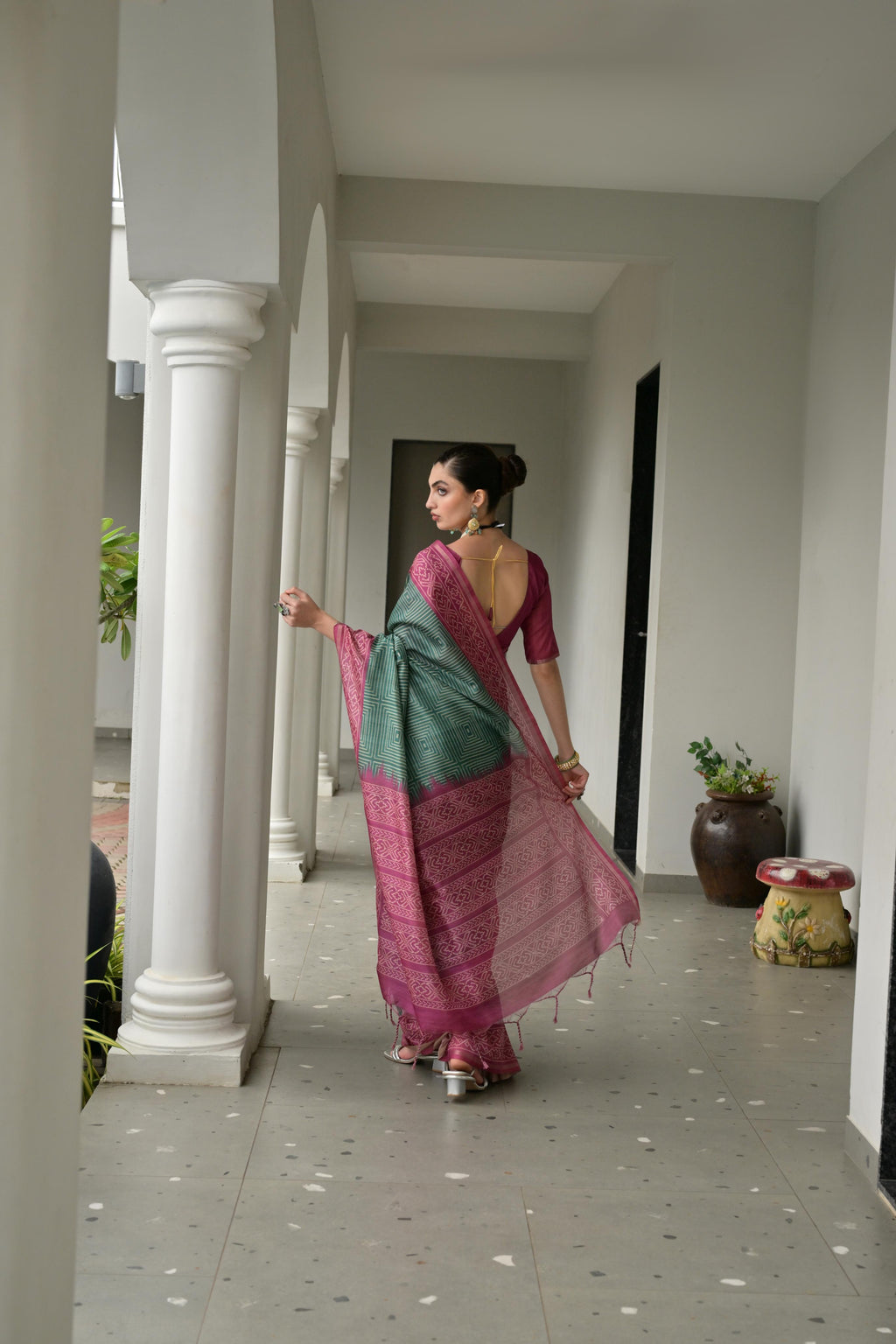 Jyoti Fashion Women's Bottle Green Soft Tussar Silk Ikkat Printed Saree with Blouse | Grocsy
