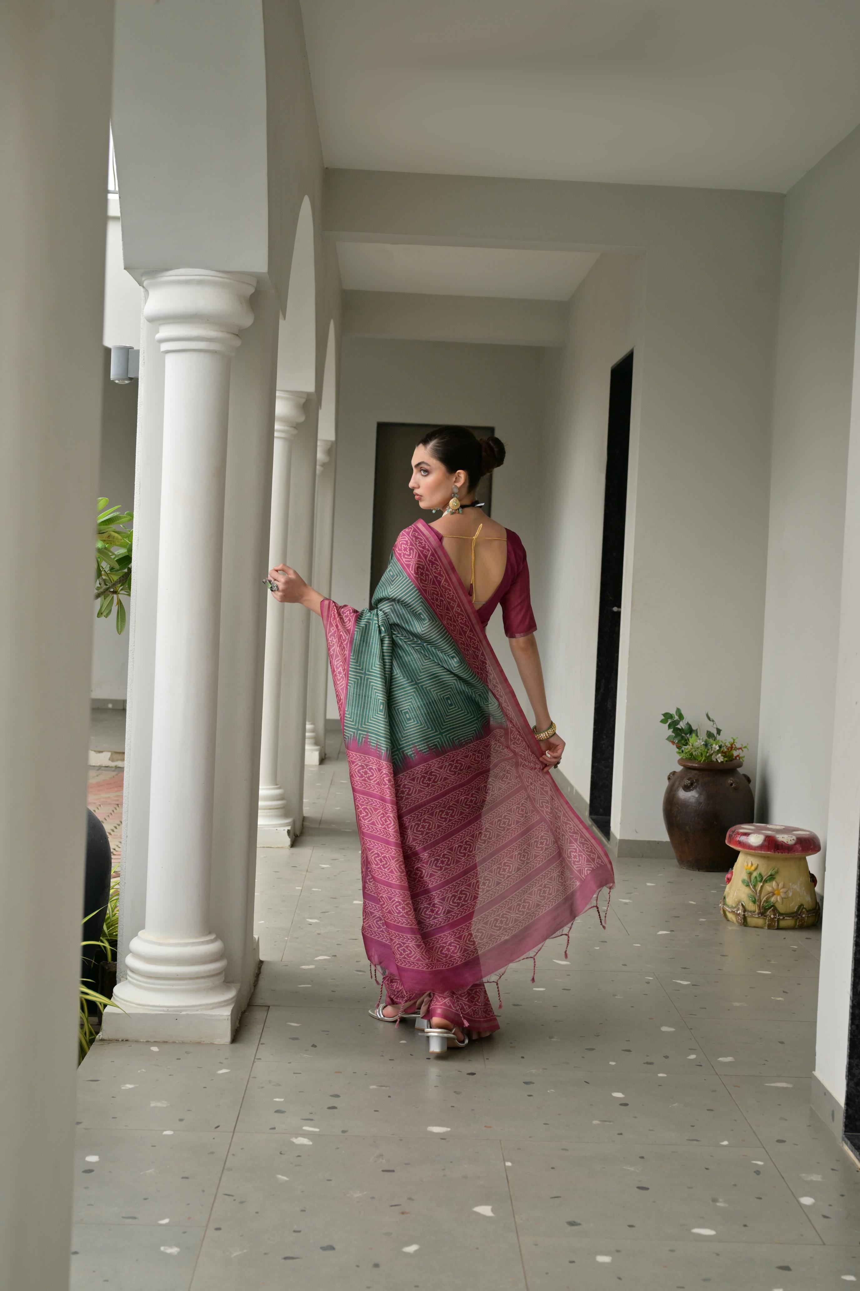 Jyoti Fashion Women's Bottle Green Soft Tussar Silk Ikkat Printed Saree with Blouse | Grocsy