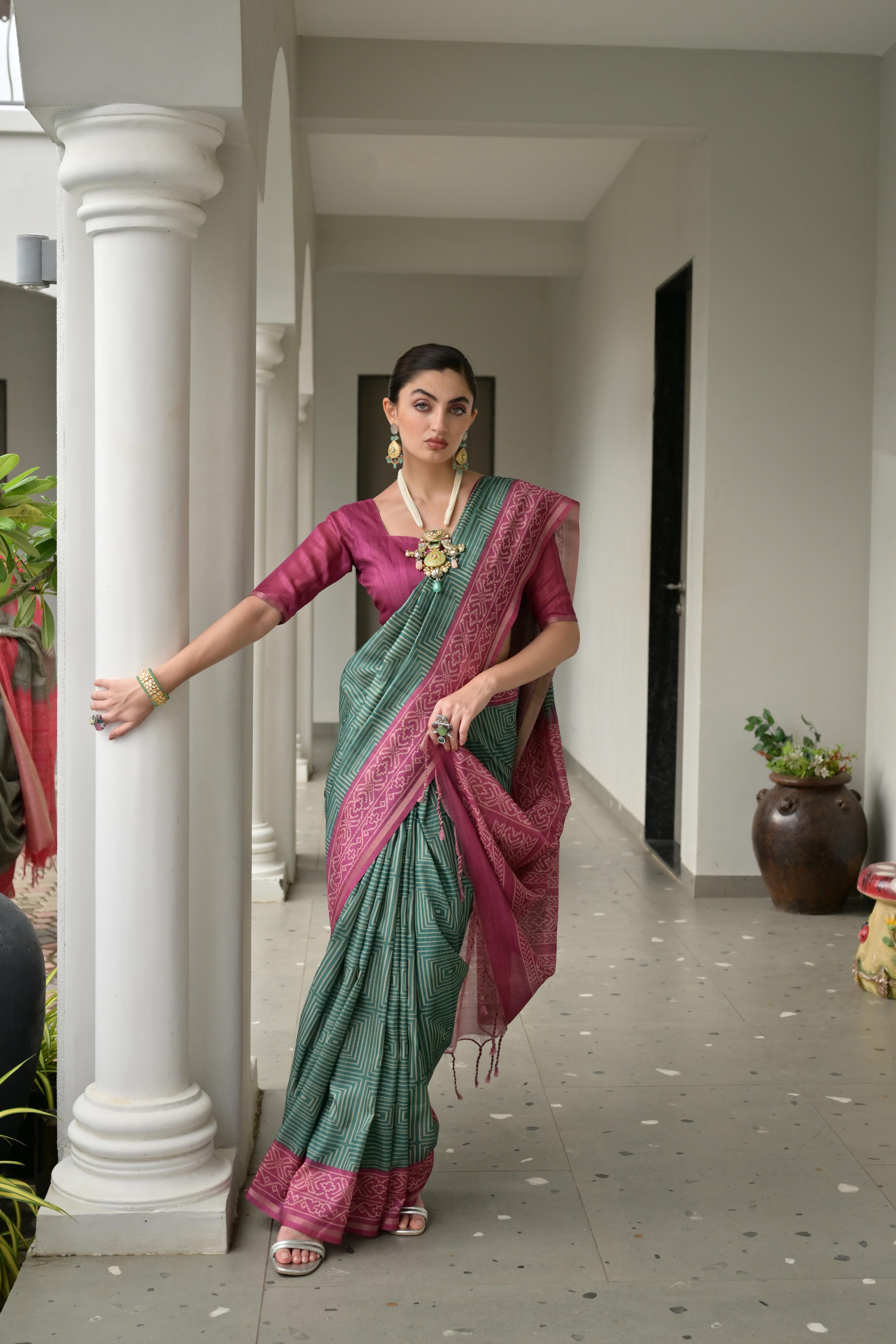 Jyoti Fashion Women's Bottle Green Soft Tussar Silk Ikkat Printed Saree with Blouse | Grocsy