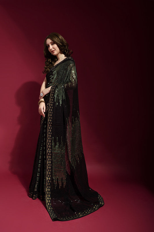 Jyoti Fashion Women's Black Sequence Embroidery Georgette Saree with Blouse | Grocsy