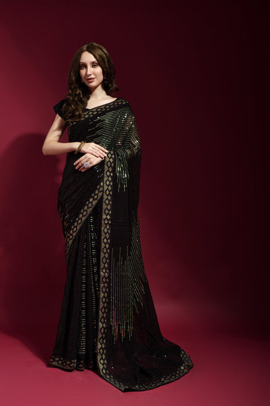 Jyoti Fashion Women's Black Sequence Embroidery Georgette Saree with Blouse | Grocsy