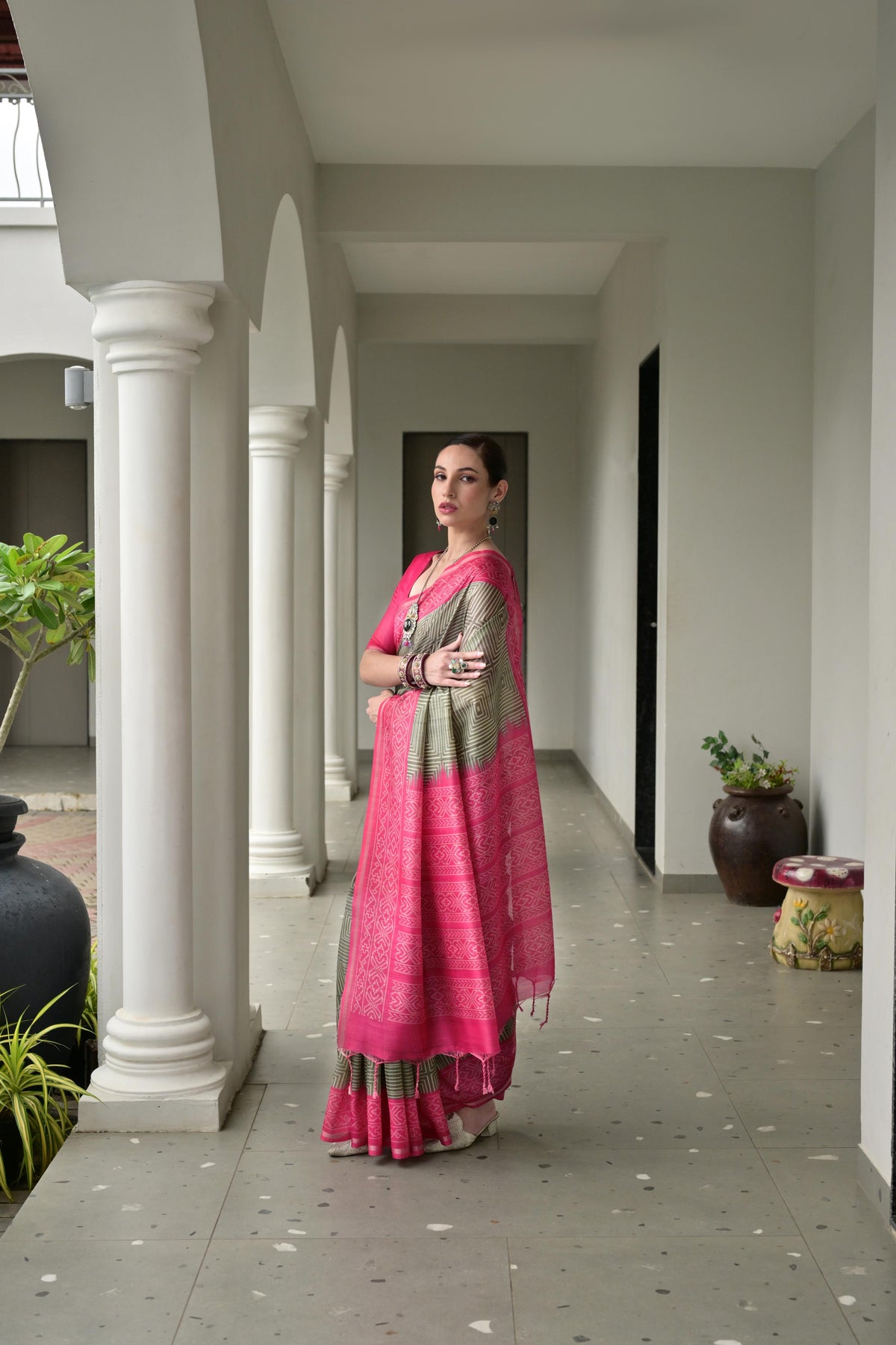 Jyoti Fashion Women's Pista Green Soft Tussar Silk Ikkat Printed Saree with Blouse | Grocsy
