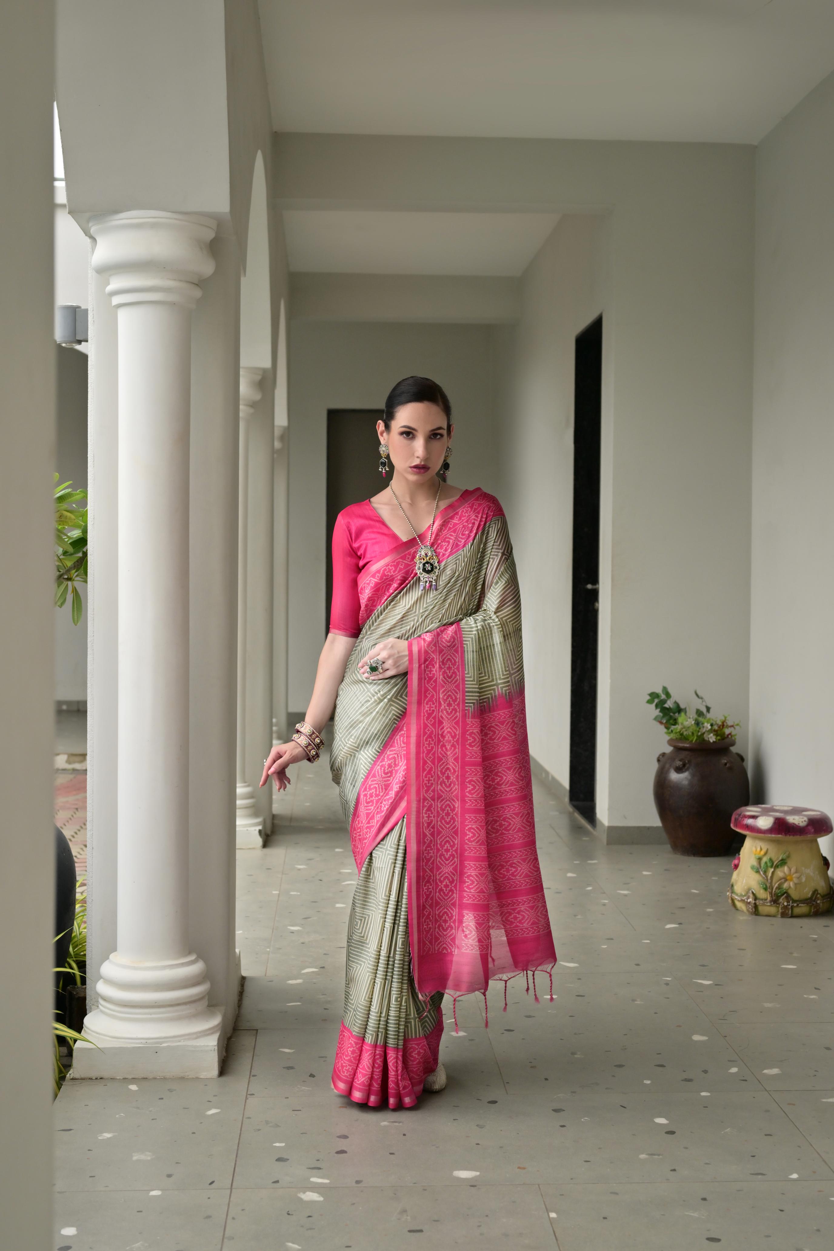 Jyoti Fashion Women's Pista Green Soft Tussar Silk Ikkat Printed Saree with Blouse | Grocsy