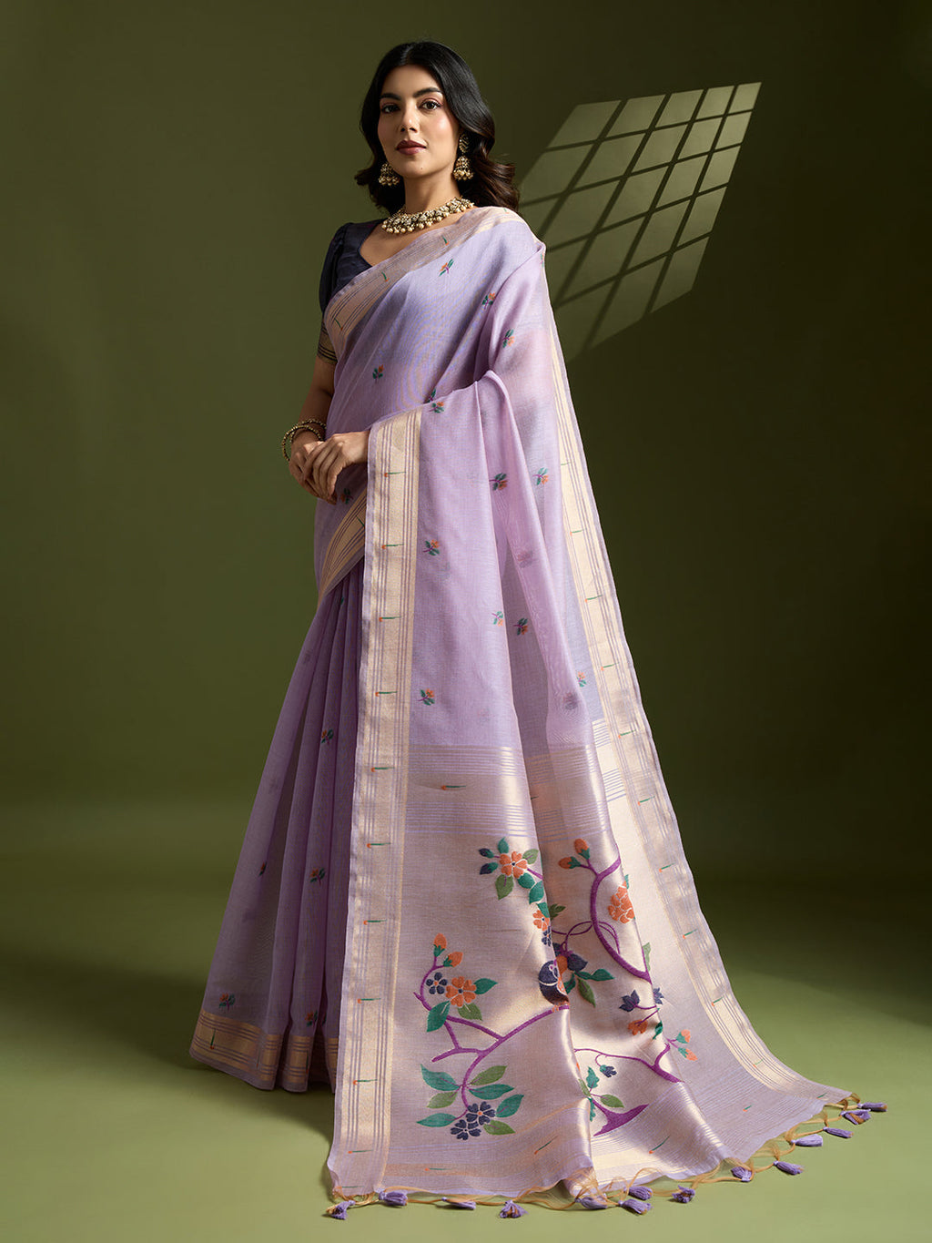Jyoti Fashion Women's Purple Soft Muga Cotton Paithani Zari Woven Saree with Blouse | Grocsy