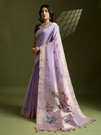 Jyoti Fashion Women's Purple Soft Muga Cotton Paithani Zari Woven Saree with Blouse | Grocsy