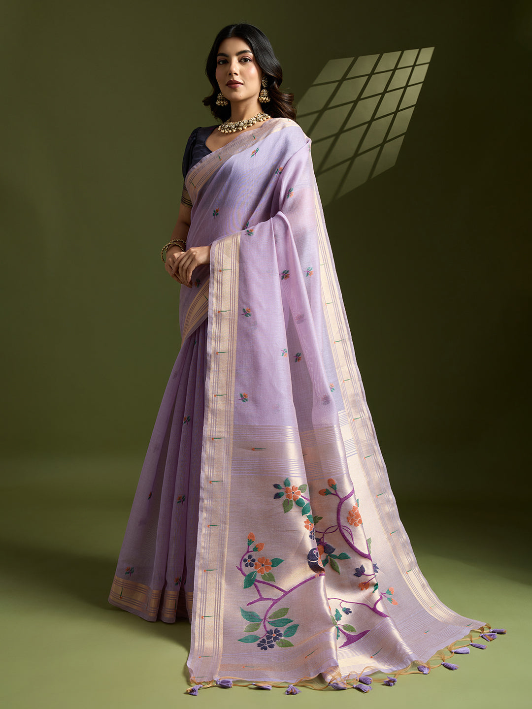 Jyoti Fashion Women's Purple Soft Muga Cotton Paithani Zari Woven Saree with Blouse | Grocsy