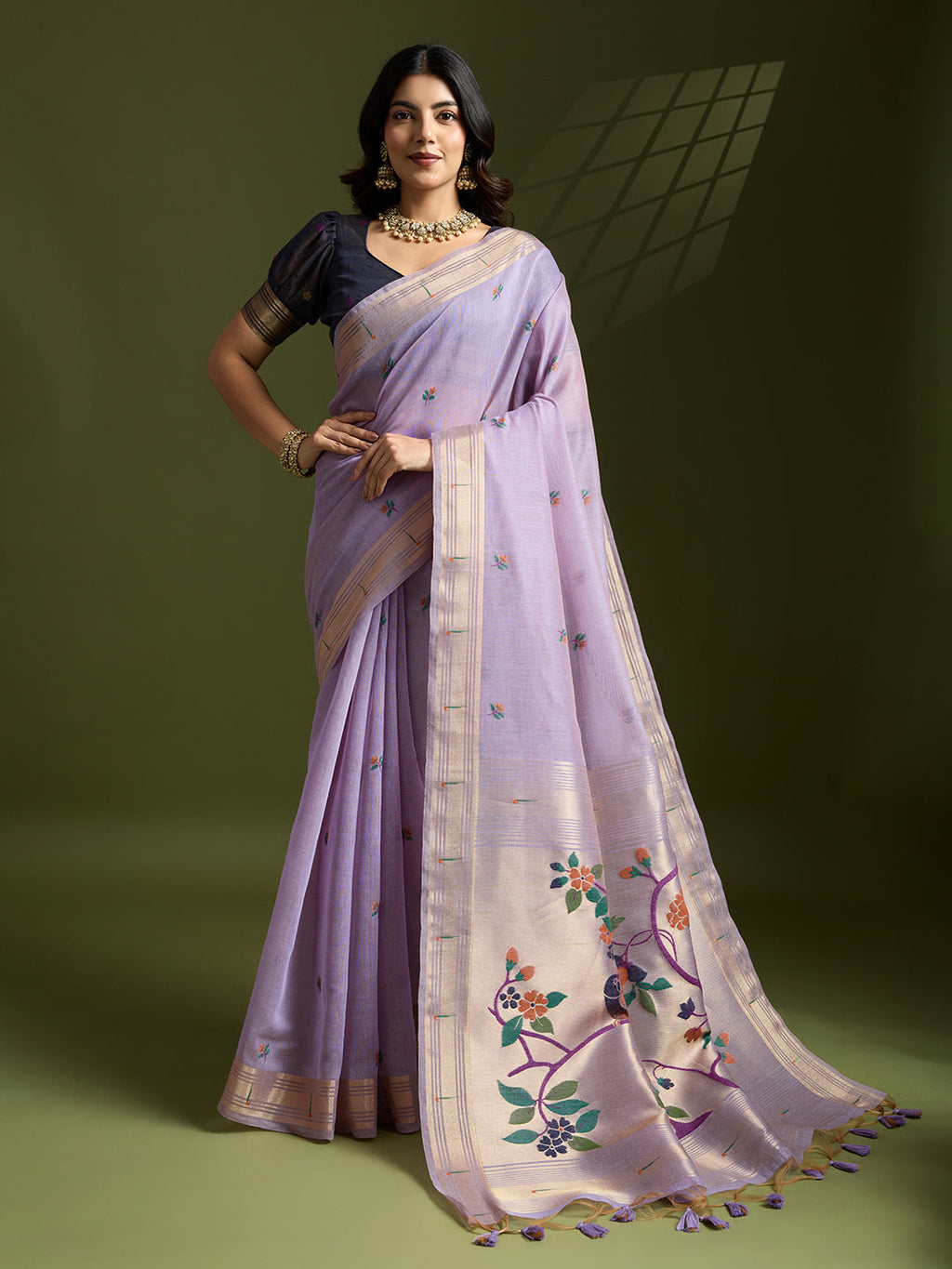 Jyoti Fashion Women's Purple Soft Muga Cotton Paithani Zari Woven Saree with Blouse | Grocsy
