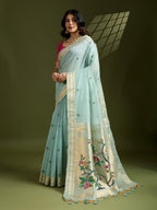 Jyoti Fashion Women's Sky Blue Soft Muga Cotton Paithani Zari Woven Saree with Blouse | Grocsy