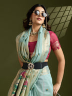 Jyoti Fashion Women's Sky Blue Soft Muga Cotton Paithani Zari Woven Saree with Blouse | Grocsy