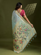 Jyoti Fashion Women's Sky Blue Soft Muga Cotton Paithani Zari Woven Saree with Blouse | Grocsy