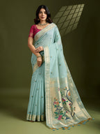Jyoti Fashion Women's Sky Blue Soft Muga Cotton Paithani Zari Woven Saree with Blouse | Grocsy