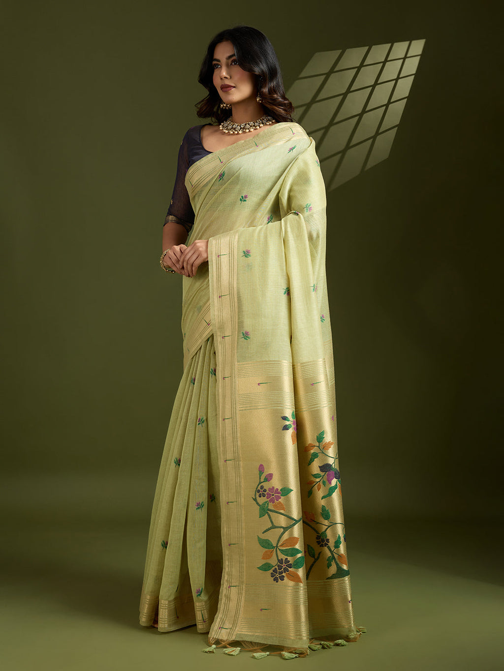 Jyoti Fashion Women's Sea Green Soft Muga Cotton Paithani Zari Woven Saree with Blouse | Grocsy