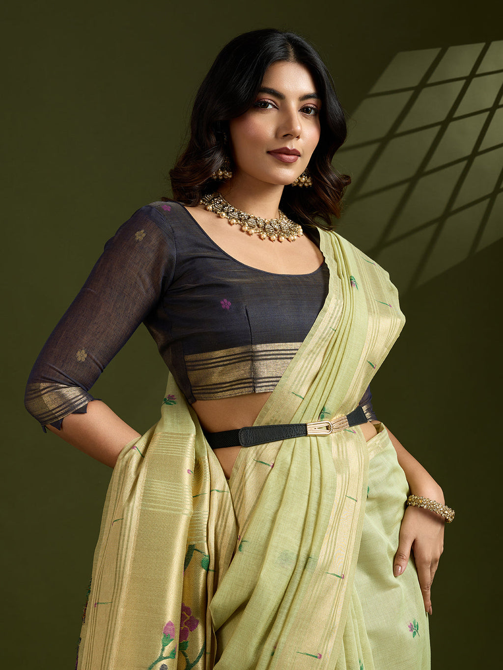 Jyoti Fashion Women's Sea Green Soft Muga Cotton Paithani Zari Woven Saree with Blouse | Grocsy