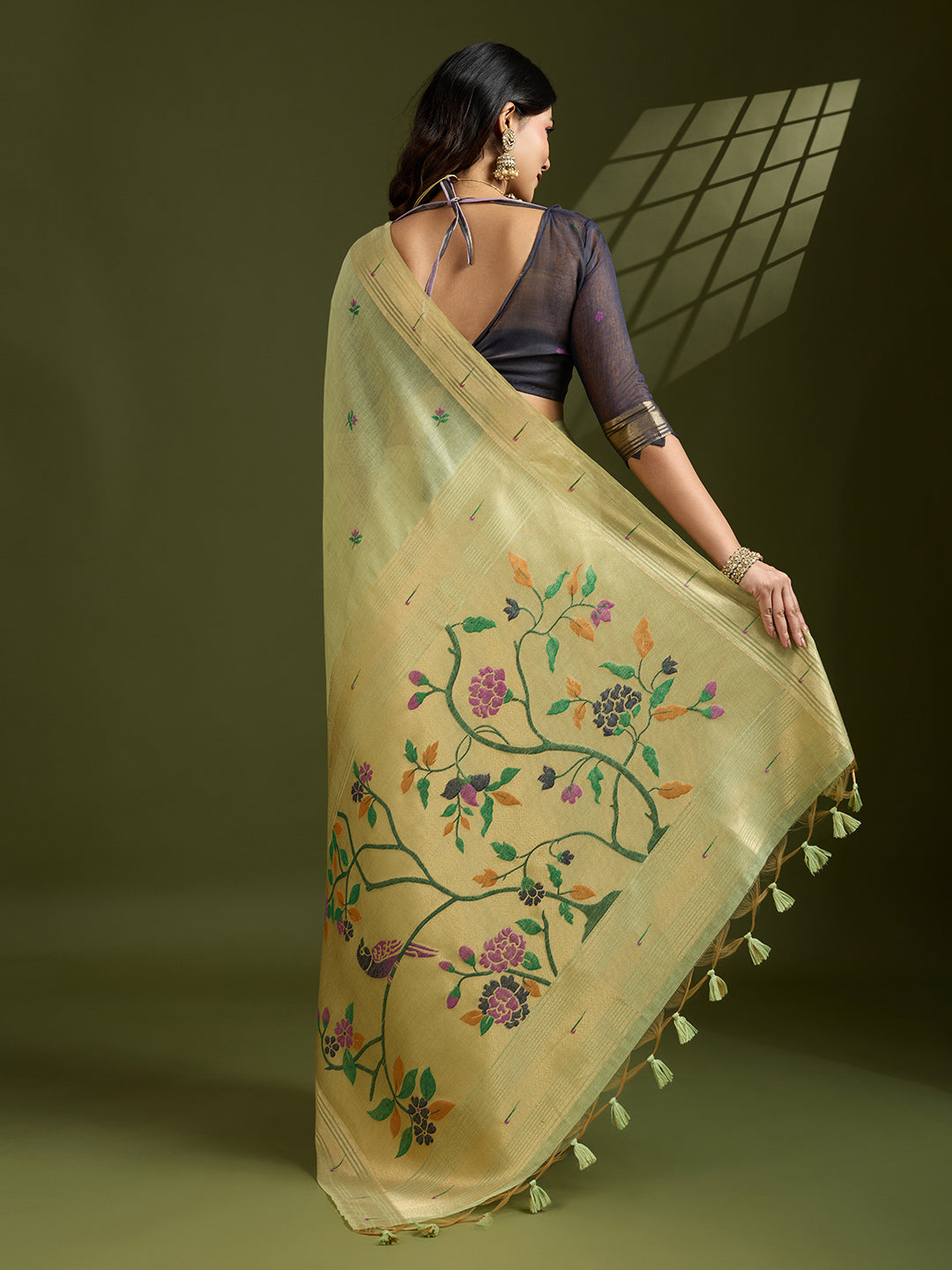 Jyoti Fashion Women's Sea Green Soft Muga Cotton Paithani Zari Woven Saree with Blouse | Grocsy