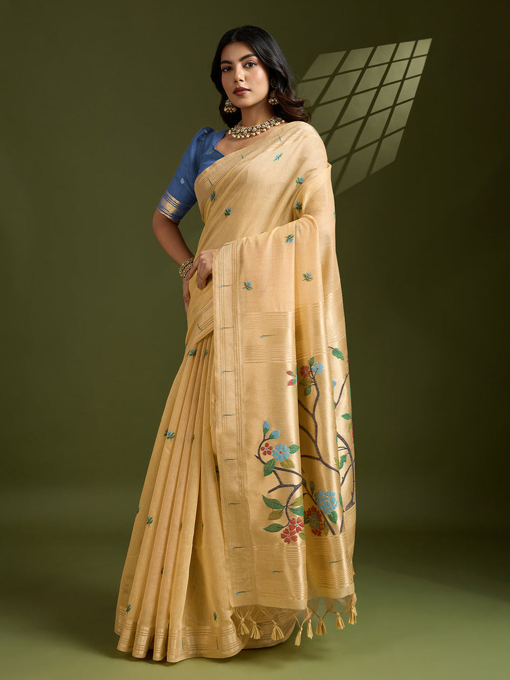 Jyoti Fashion Women's Yellow Soft Muga Cotton Paithani Zari Woven Saree with Blouse | Grocsy